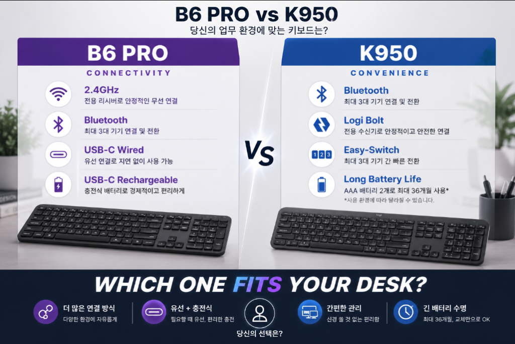 B6 Pro vs K950 사무용 키보드 최종 비교