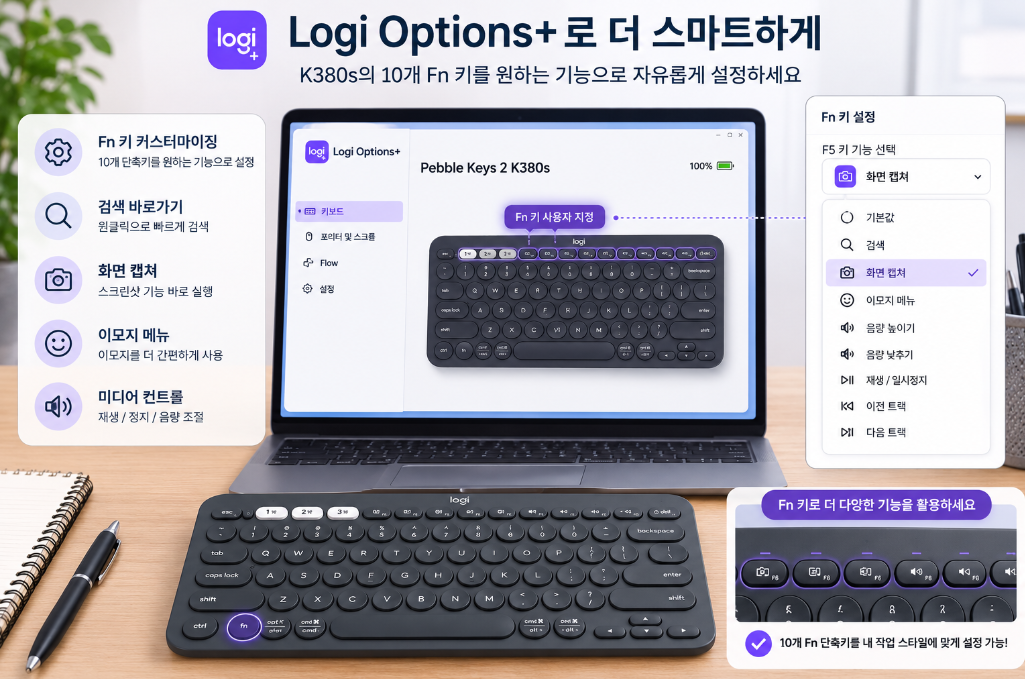 로지텍 K380s Logi Options Plus 단축키 설정