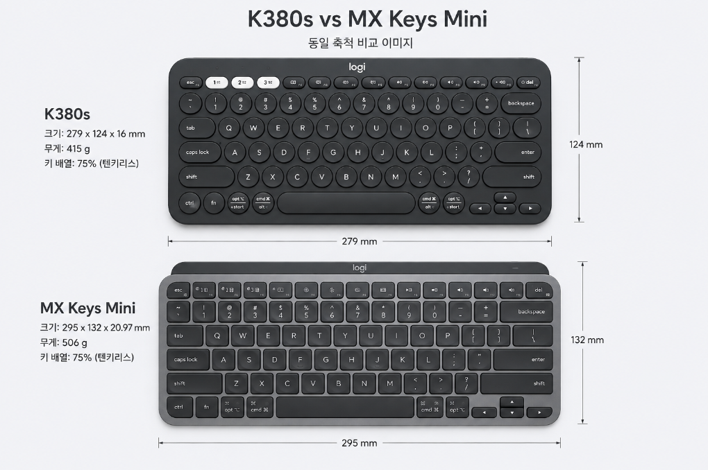 로지텍 K380s vs MX Keys Mini 크기 비교
