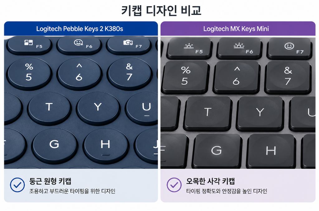 K380s MX Keys Mini 키캡 디자인 비교