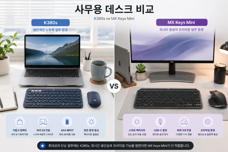 K380s vs MX Keys Mini 사무용 키보드 비교