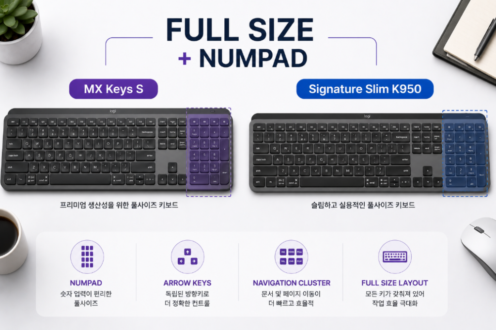 MX Keys S K950 풀사이즈 숫자패드 비교