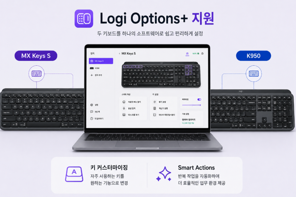 MX Keys S K950 Logi Options Plus 비교