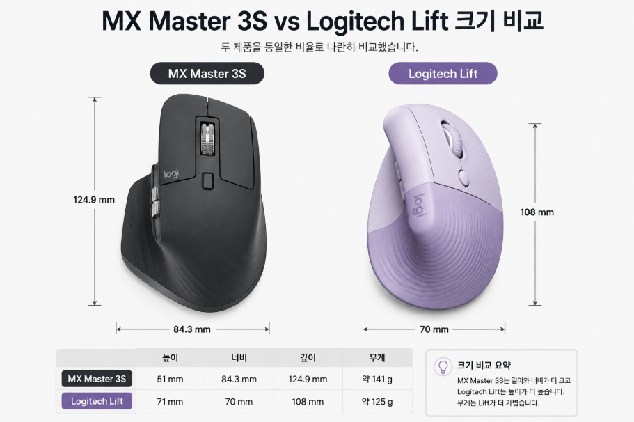 MX Master 3S Logitech Lift 크기 무게 비교