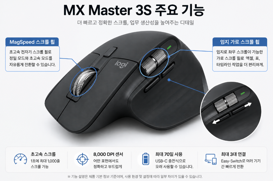 MX Master 3S MagSpeed 스크롤과 가로 스크롤 기능