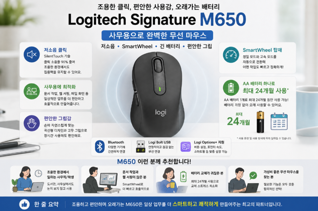 Logitech Signature M650 저소음 사무용 마우스 추천
