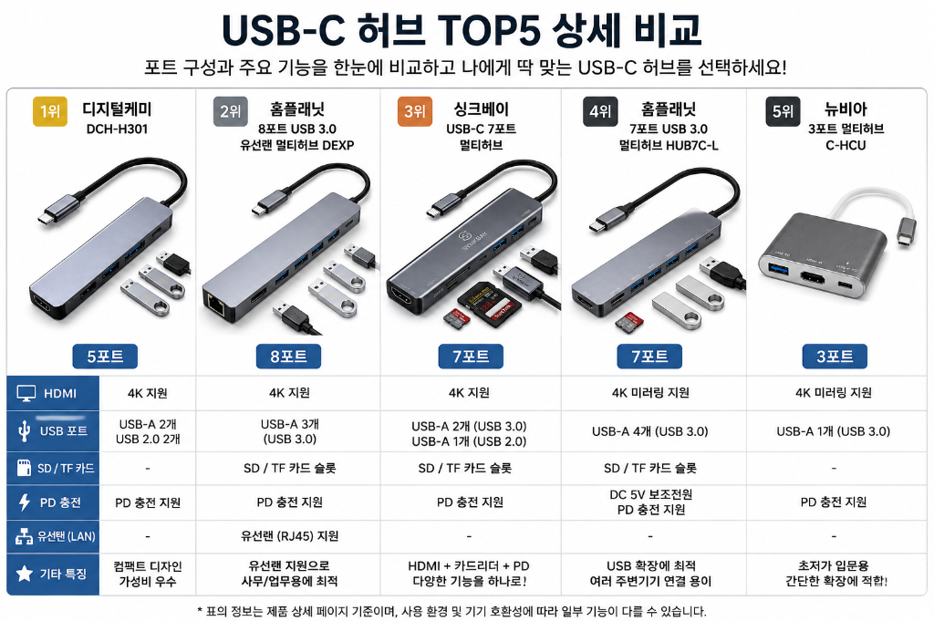 USB-C 허브 추천 TOP5 포트 구성 상세 비교