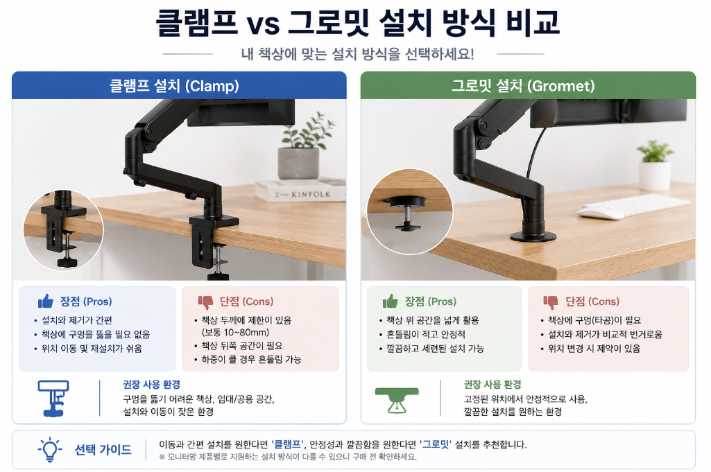 모니터암 클램프 그로밋 설치 방식 비교