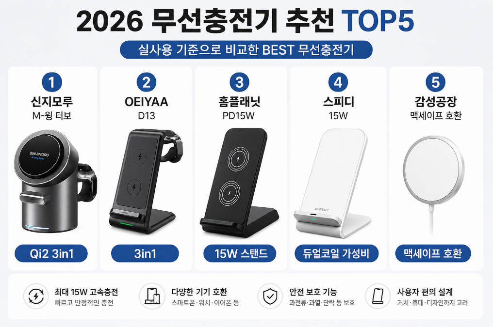 2026 무선충전기 추천 TOP5｜15W·Qi2·3in1·맥세이프 비교