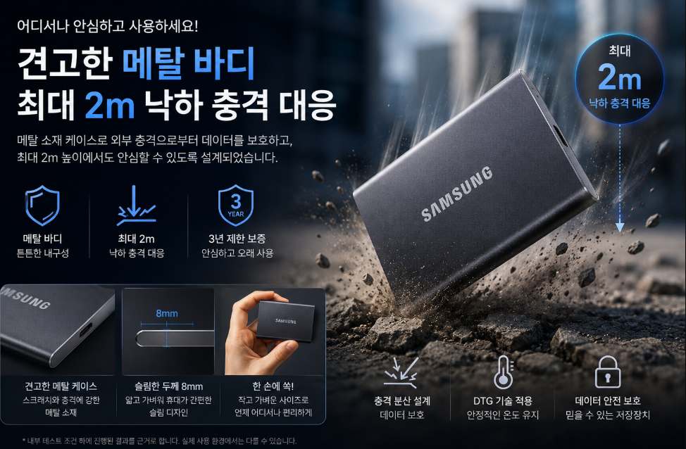 삼성 T7 외장SSD 메탈 바디 2m 낙하 충격 설계