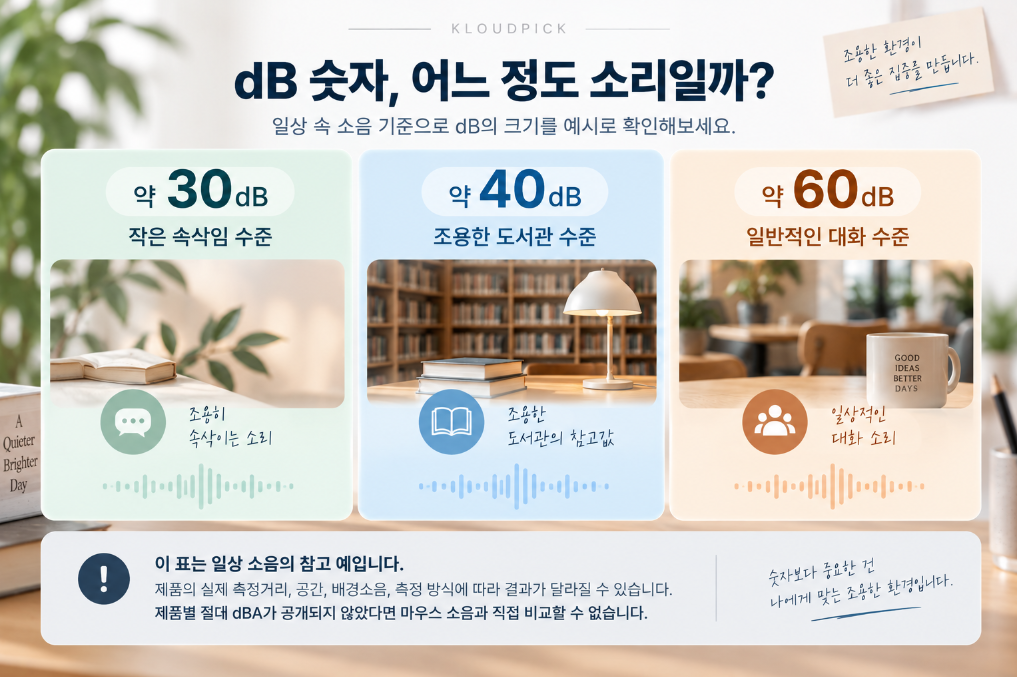 저소음 마우스 데시벨 dB 일상 소음 비교 기준
