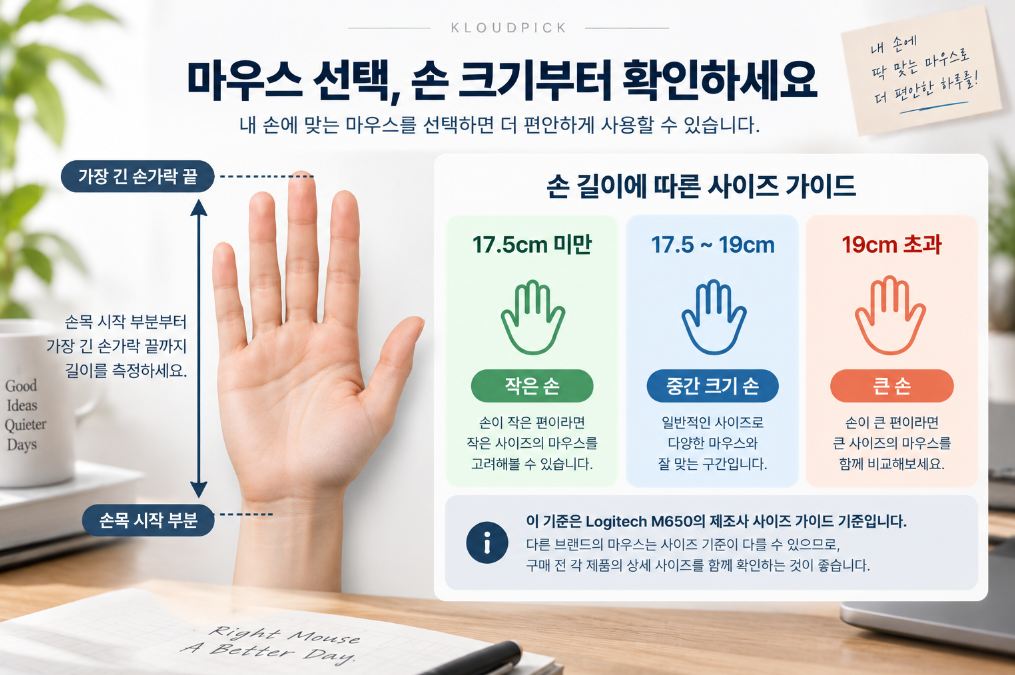 마우스 선택 손 크기 측정 17.5cm 19cm 기준