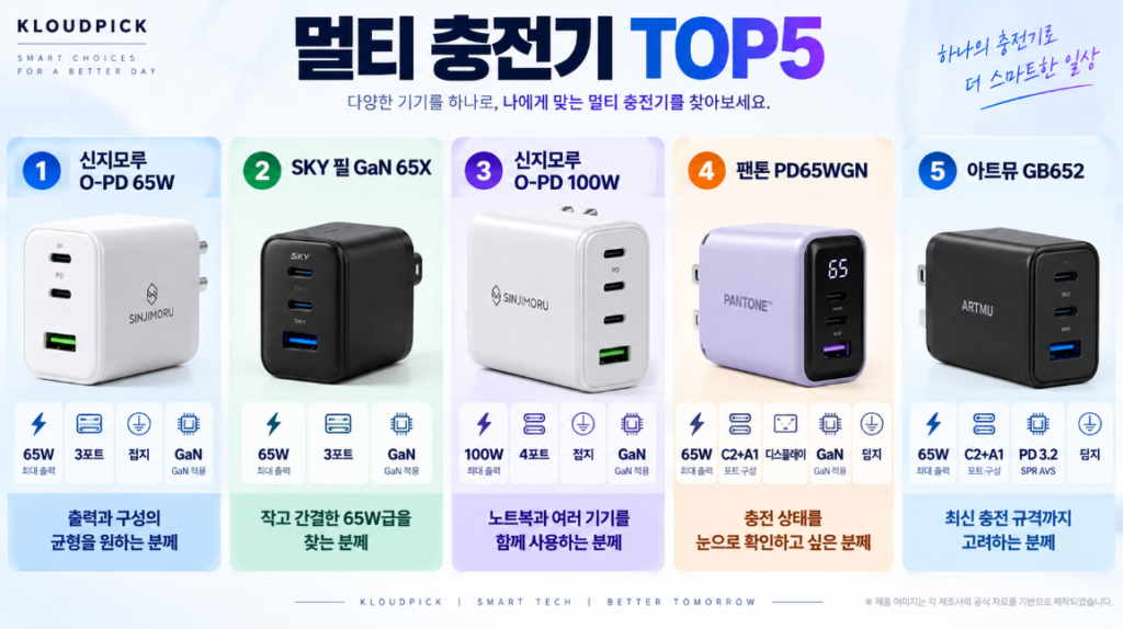 멀티 충전기 추천 TOP5 핵심 사양 비교