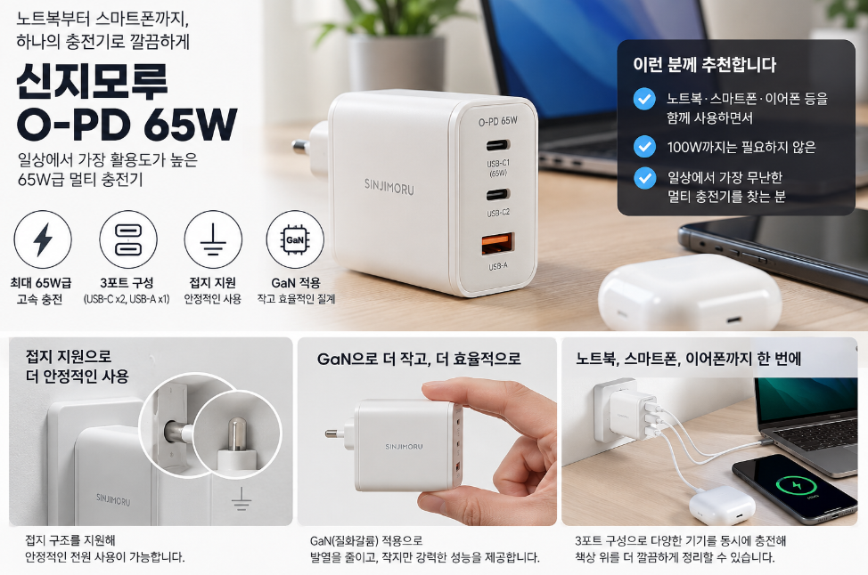 신지모루 O-PD 65W 멀티 충전기 65W 3포트 접지 GaN 특징