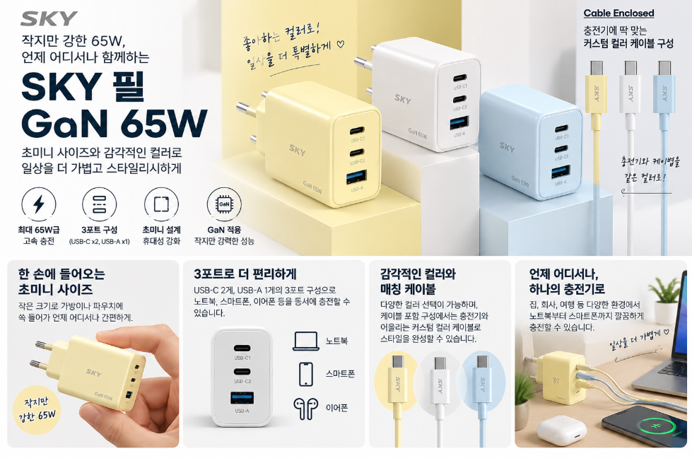 SKY 필 GaN 65W 멀티 충전기 초미니 3포트 컬러 디자인과 커스텀 컬러 케이블 구성