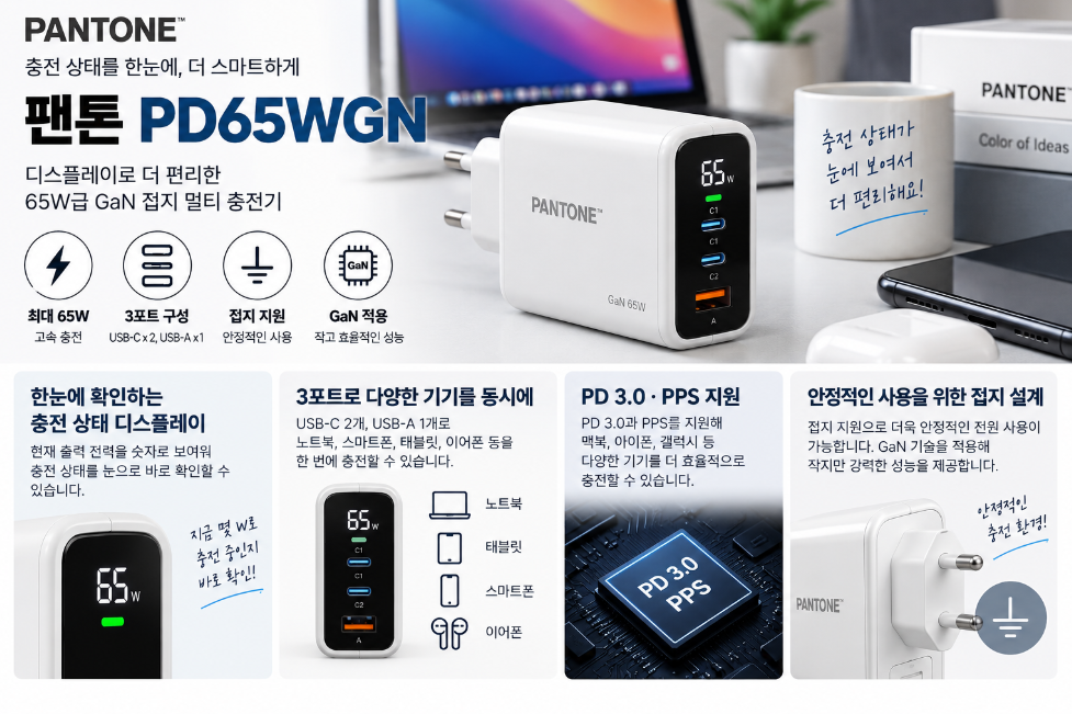팬톤 PD65WGN 65W GaN 멀티 충전기 디스플레이 3포트 접지 PD 3.0 PPS 지원
