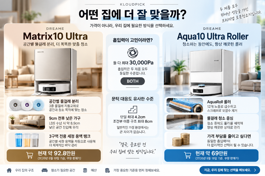 드리미 Matrix10 Ultra vs Aqua10 Ultra Roller 최종 선택 가이드