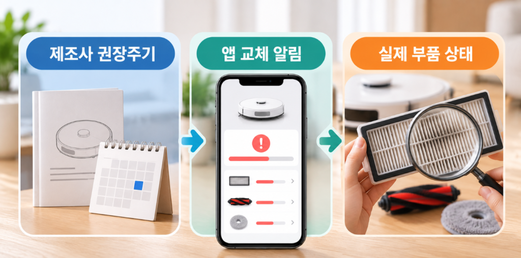 로봇청소기 소모품 교체 알림과 실제 상태 확인