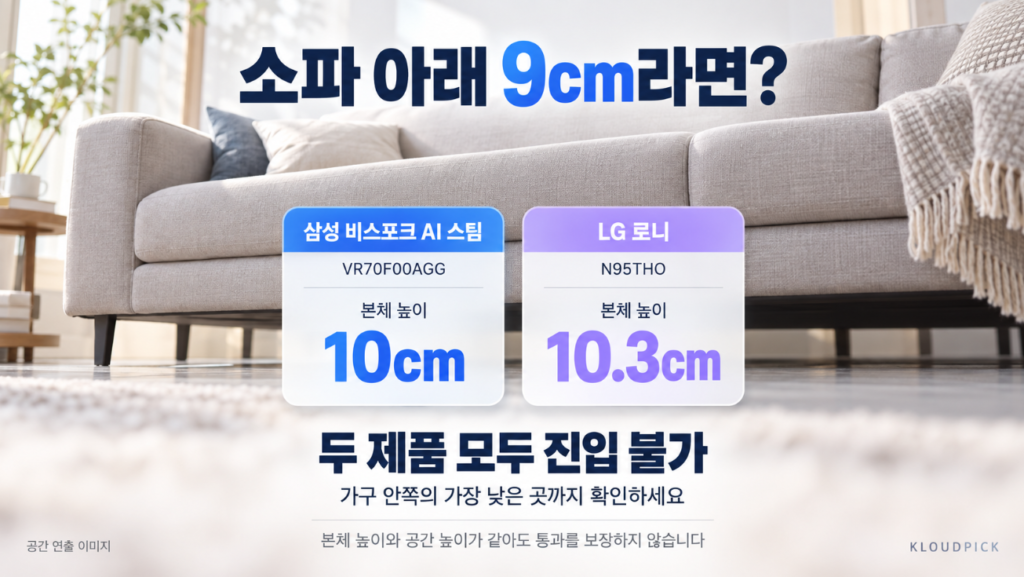 삼성 비스포크 높이 10cm와 LG 로니 높이 10.3cm의 소파 하부 청소 조건