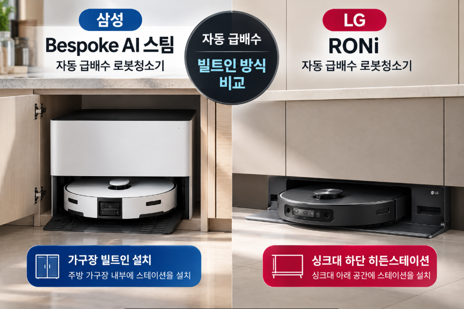 삼성 비스포크 AI 스팀과 LG 로니 급배수 빌트인 로봇청소기 비교 대표이미지