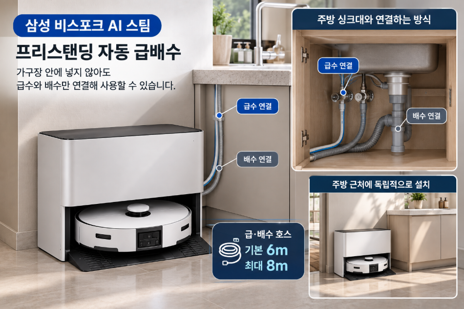 삼성 비스포크 자동 급배수 로봇청소기 프리스탠딩과 빌트인 설치 비교