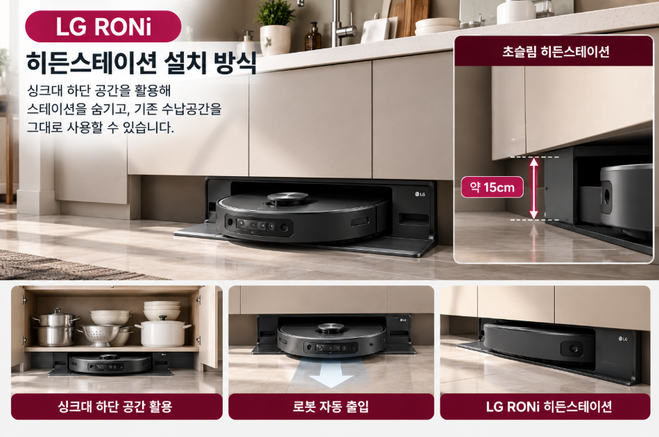 LG 로니 N95TWU 히든스테이션 싱크대 하단 빌트인 구조