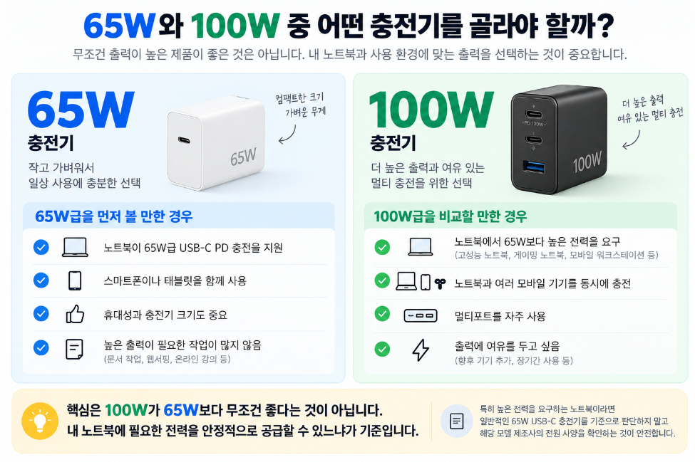 65W 충전기 노트북 충전과 100W 충전기 선택 기준