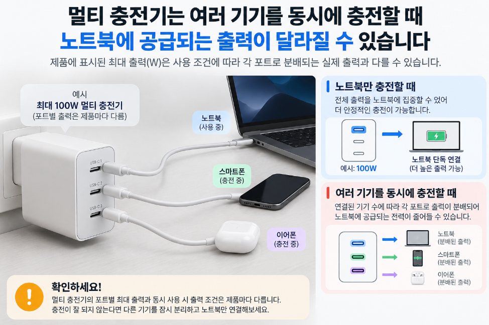 USB-C 노트북 충전 안됨 멀티 충전기 출력 분배 확인