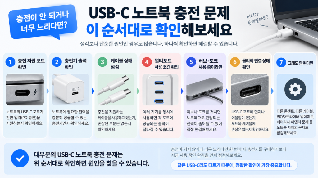 USB-C 노트북 충전 안됨 완속 충전 원인 확인 순서
