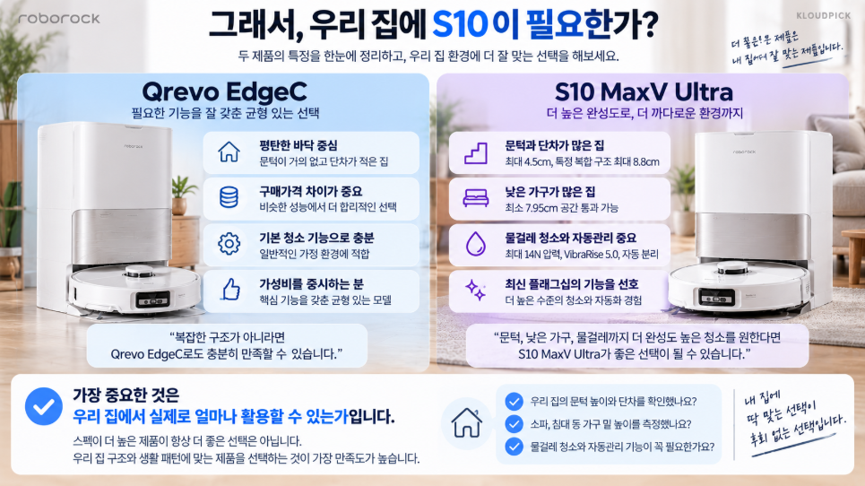 Qrevo EdgeC vs S10 MaxV Ultra 최종 구매 선택 가이드