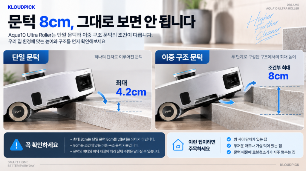 드리미 Aqua10 Ultra Roller 문턱 4.2cm 8cm 차이