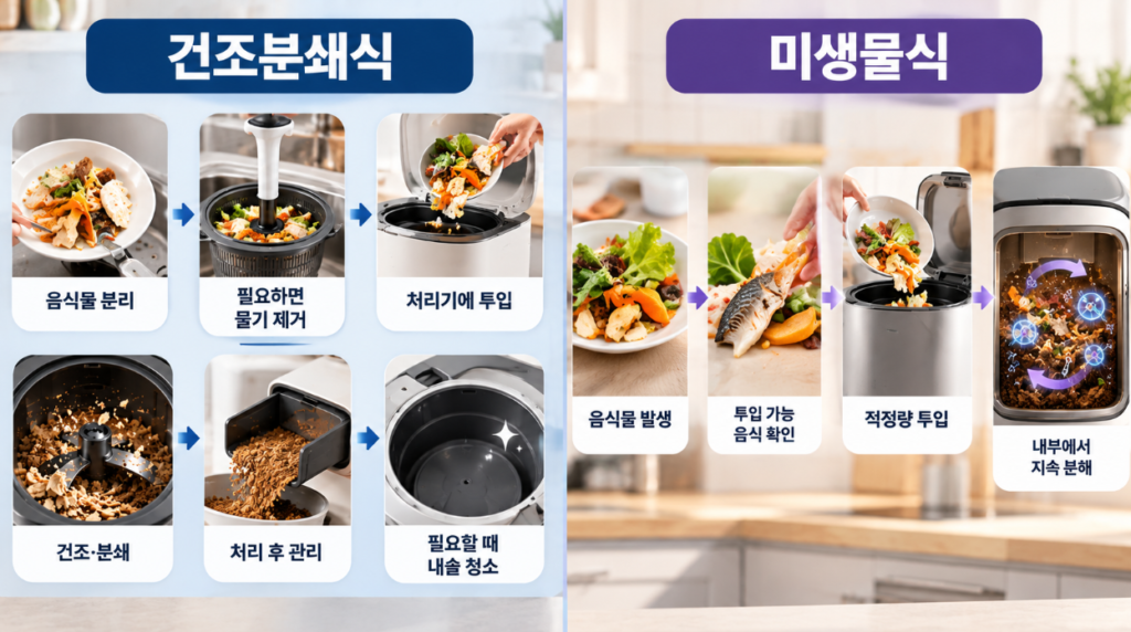 건조분쇄식 vs 미생물식 음식물처리기 실제 사용 과정 비교