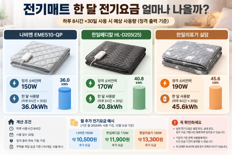 전기장판 vs 탄소매트 소비전력과 하루 8시간 월 전기요금 계산