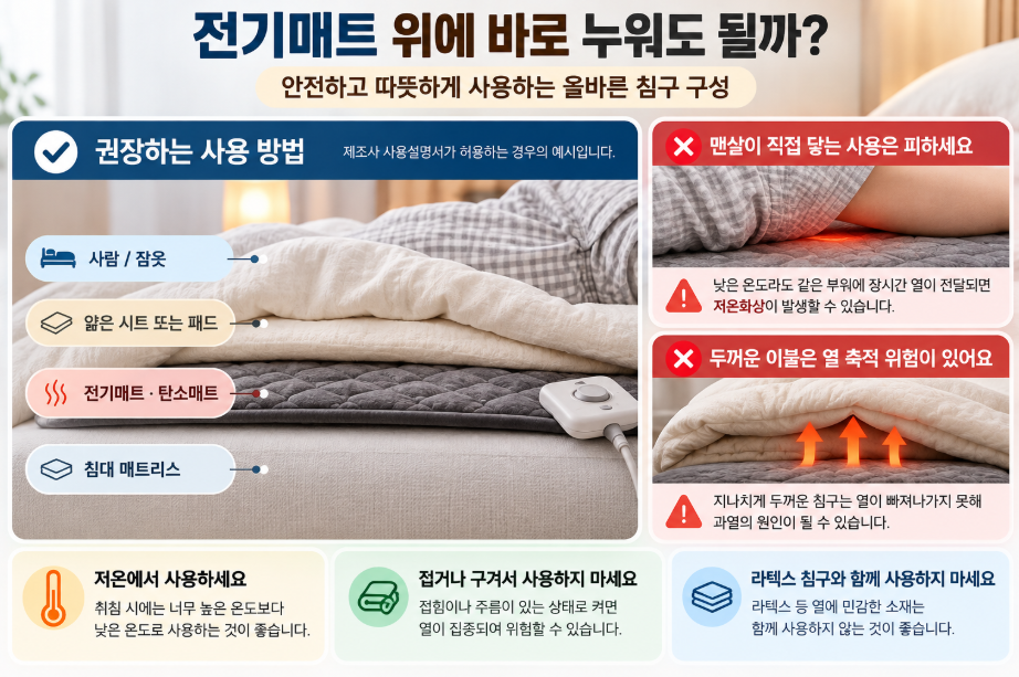 전기매트 위에 바로 눕지 않고 얇은 시트를 사용하는 안전한 침구 배치